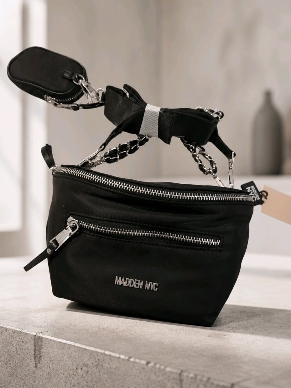 Steve Madden Black Crossbody with Chain-Detail Strap